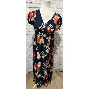 Patrons of Peace Dress Green Floral V Neck Waist Tie Maxi Flutter Sleeves Small